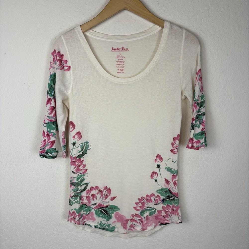 Lucky Brand Size L T Shirt Y2k 2000s Japanese Floral Asian Pink 100% Cotton